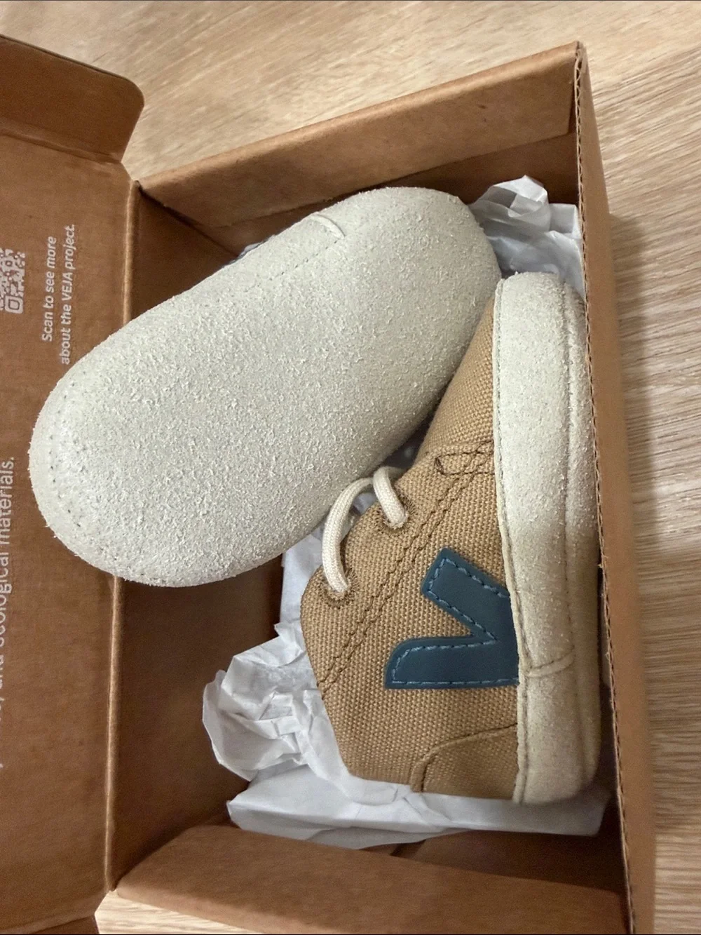 Veja Kids Tan Canvas Sneakers with Blue Accent